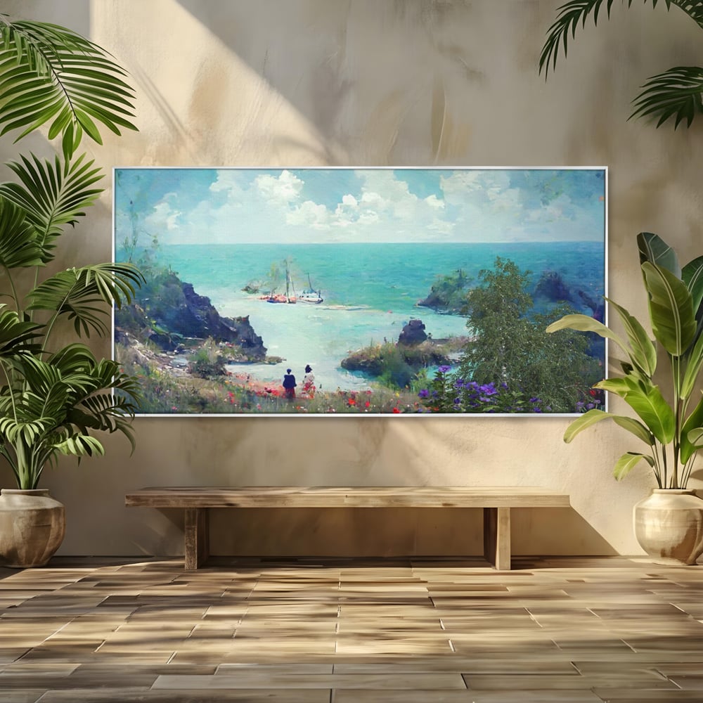 Tablou canvas cu pictura peisaj marin cu oameni si flori, in rama de aluminiu argintiu